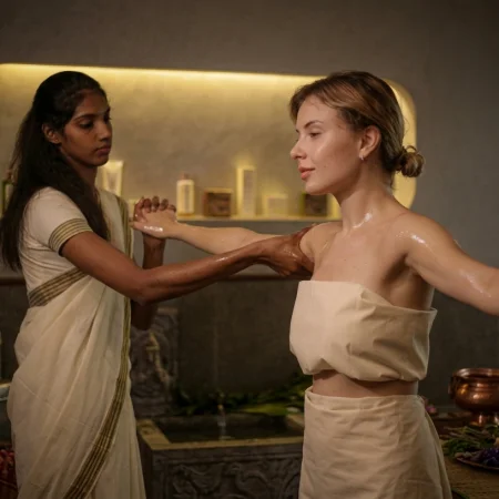 Ayurveda and Yoga in patient-centered healthcare, with an Ayurvedic practitioner guiding a guest during a supervised oil therapy session.