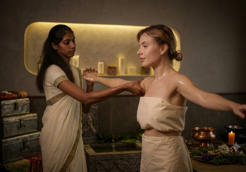 Ayurveda and Yoga in patient-centered healthcare, with an Ayurvedic practitioner guiding a guest during a supervised oil therapy session.