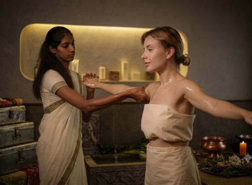 Ayurveda and Yoga in patient-centered healthcare, with an Ayurvedic practitioner guiding a guest during a supervised oil therapy session.