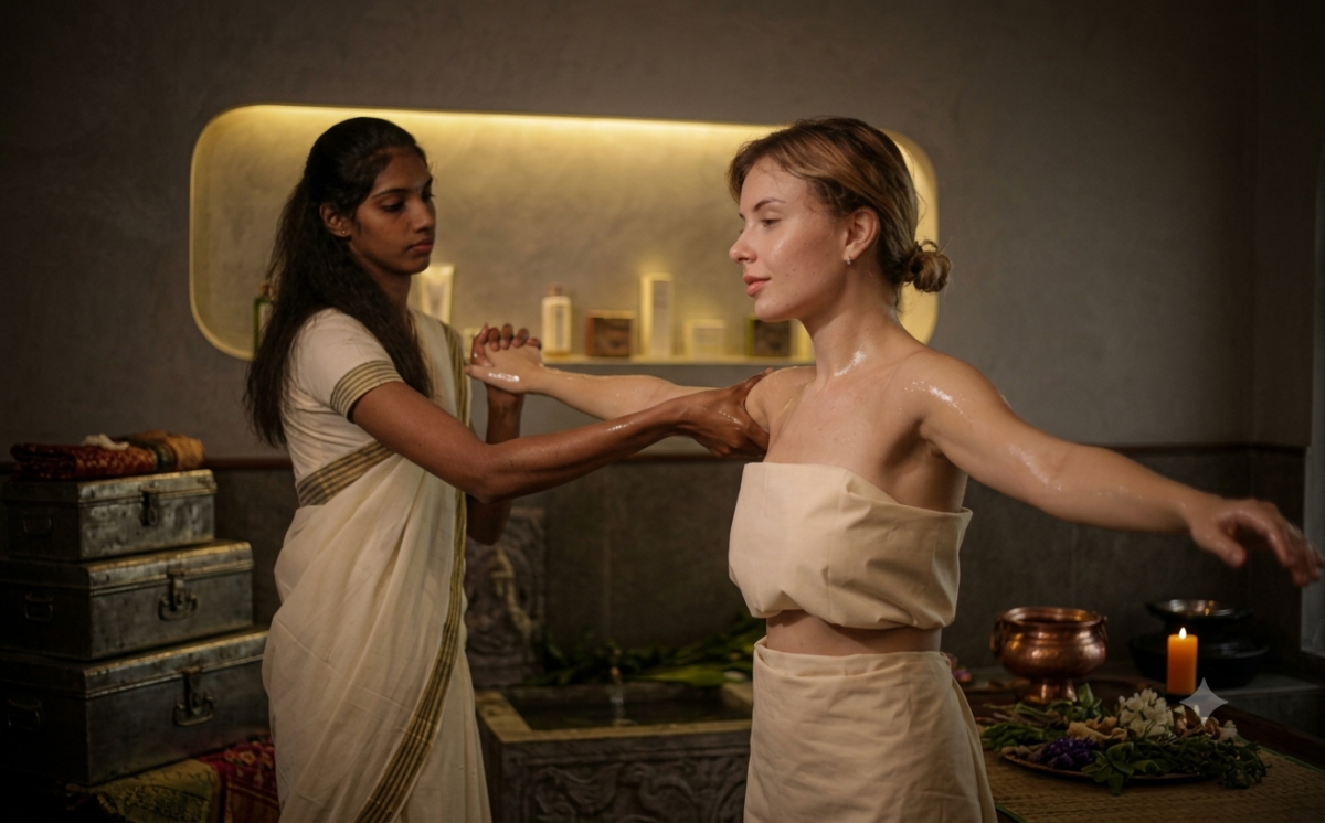 Ayurveda and Yoga in patient-centered healthcare, with an Ayurvedic practitioner guiding a guest during a supervised oil therapy session.
