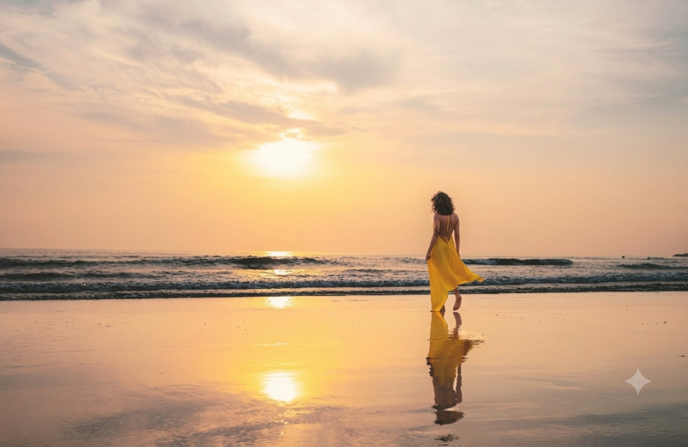 Woman walking along Agonda Beach at sunrise before a sunrise yoga in Goa experience at Villa Raag.