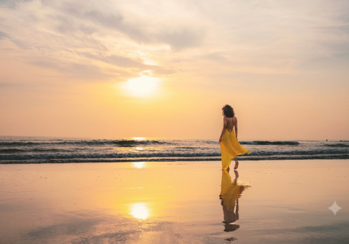 Woman walking along Agonda Beach at sunrise before a sunrise yoga in Goa experience at Villa Raag.