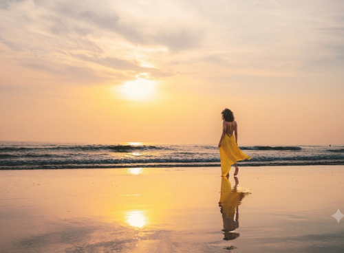 Woman walking along Agonda Beach at sunrise before a sunrise yoga in Goa experience at Villa Raag.