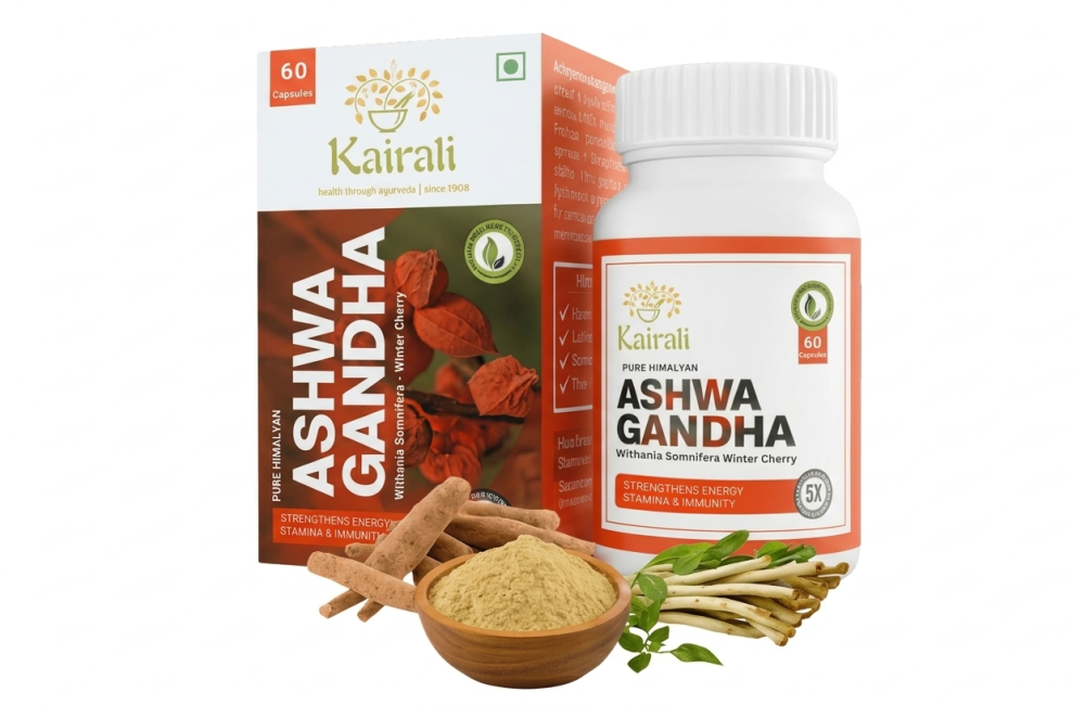 Kairali Ashwagandha capsules with product packaging, Ashwagandha roots and powder, illustrating FSSAI guidelines on Ashwagandha for B2B buyers.