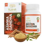 Kairali Ashwagandha capsules with product packaging, Ashwagandha roots and powder, illustrating FSSAI guidelines on Ashwagandha for B2B buyers.
