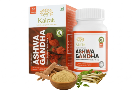 Kairali Ashwagandha capsules with product packaging, Ashwagandha roots and powder, illustrating FSSAI guidelines on Ashwagandha for B2B buyers.