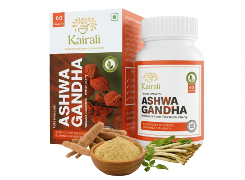 Kairali Ashwagandha capsules with product packaging, Ashwagandha roots and powder, illustrating FSSAI guidelines on Ashwagandha for B2B buyers.
