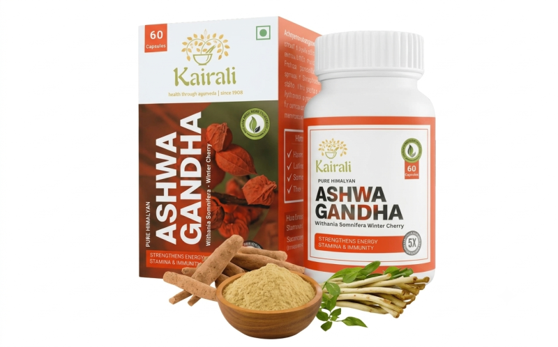 Kairali Ashwagandha capsules with product packaging, Ashwagandha roots and powder, illustrating FSSAI guidelines on Ashwagandha for B2B buyers.
