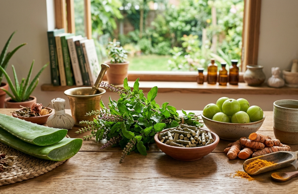 Ayurvedic herbs in wellness products, including aloe vera, tulsi, amla, turmeric and dried botanicals arranged on a wooden table.