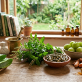 Ayurvedic herbs in wellness products, including aloe vera, tulsi, amla, turmeric and dried botanicals arranged on a wooden table.