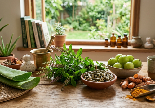Ayurvedic herbs in wellness products, including aloe vera, tulsi, amla, turmeric and dried botanicals arranged on a wooden table.