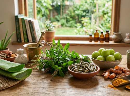 Ayurvedic herbs in wellness products, including aloe vera, tulsi, amla, turmeric and dried botanicals arranged on a wooden table.
