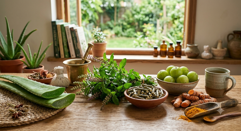 Ayurvedic herbs in wellness products, including aloe vera, tulsi, amla, turmeric and dried botanicals arranged on a wooden table.
