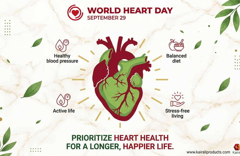 World Heart Day illustration highlighting heart health habits including a balanced diet, active living, stress management and healthy blood pressure.