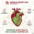 World Heart Day illustration highlighting heart health habits including a balanced diet, active living, stress management and healthy blood pressure.