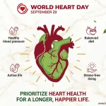 World Heart Day illustration highlighting heart health habits including a balanced diet, active living, stress management and healthy blood pressure.