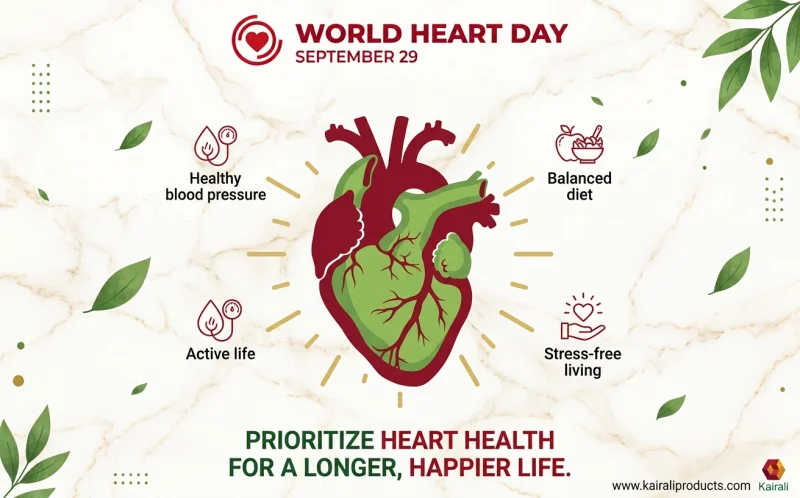 World Heart Day illustration highlighting heart health habits including a balanced diet, active living, stress management and healthy blood pressure.