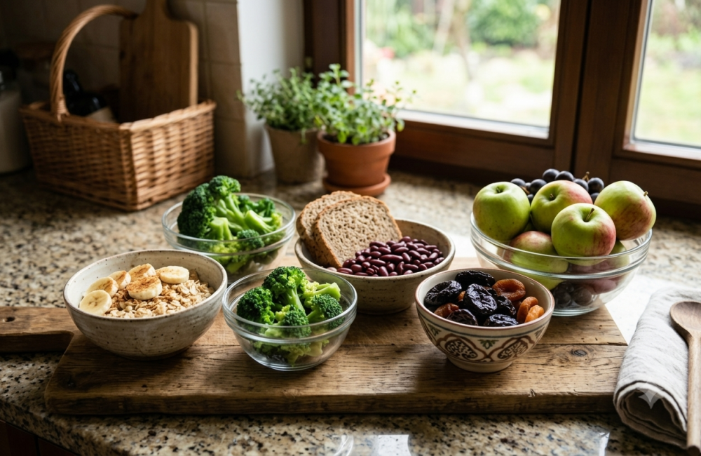 Ayurveda for constipation: fibre-rich foods including apples, bananas, oats, beans, broccoli and dried fruits.