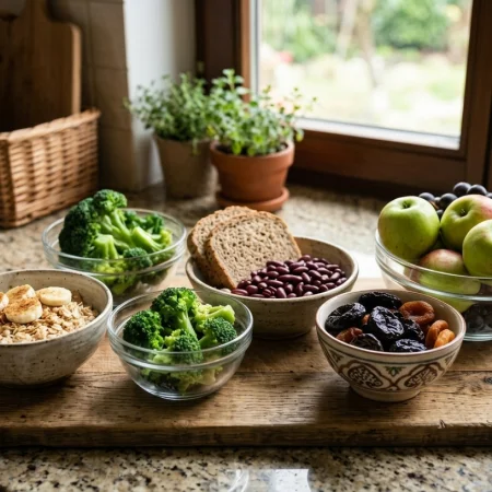 Ayurveda for constipation: fibre-rich foods including apples, bananas, oats, beans, broccoli and dried fruits.