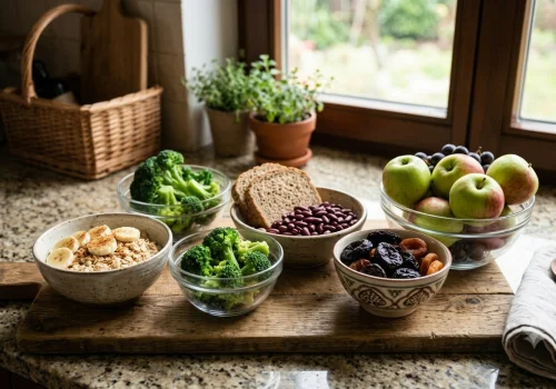 Ayurveda for constipation: fibre-rich foods including apples, bananas, oats, beans, broccoli and dried fruits.