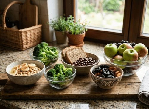 Ayurveda for constipation: fibre-rich foods including apples, bananas, oats, beans, broccoli and dried fruits.