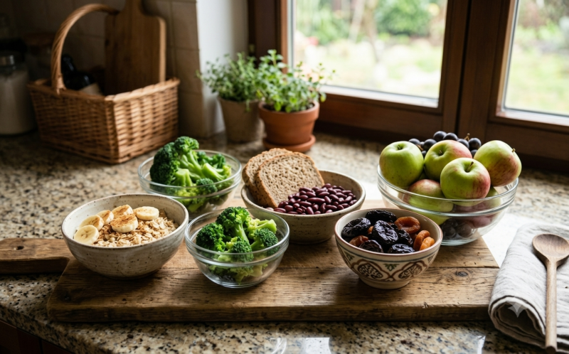Ayurveda for constipation: fibre-rich foods including apples, bananas, oats, beans, broccoli and dried fruits.