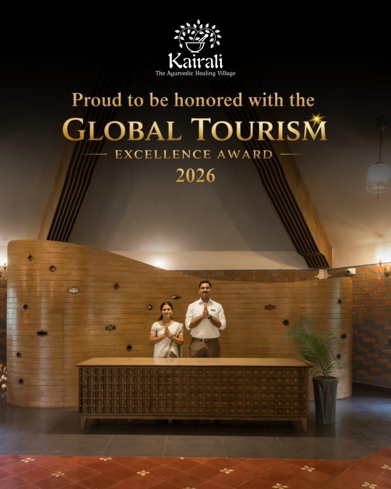 Kairali – The Ayurvedic Healing Village recognised at the Global Tourism Excellence Awards 2026, featuring the resort's reception area in Kerala.