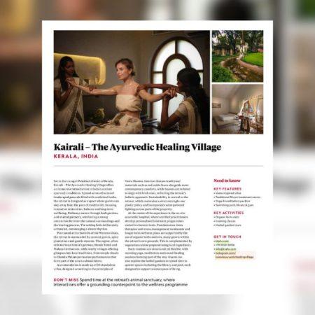 Kairali National Geographic Traveller 2026 magazine feature showcasing Ayurvedic therapies, green surroundings and accommodation at The Ayurvedic Healing Village in Kerala.