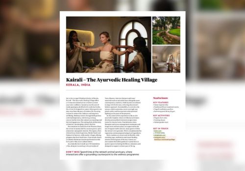 Kairali National Geographic Traveller 2026 magazine feature showcasing Ayurvedic therapies, green surroundings and accommodation at The Ayurvedic Healing Village in Kerala.