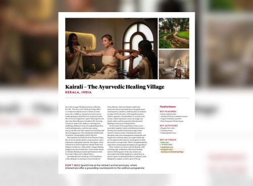 Kairali National Geographic Traveller 2026 magazine feature showcasing Ayurvedic therapies, green surroundings and accommodation at The Ayurvedic Healing Village in Kerala.