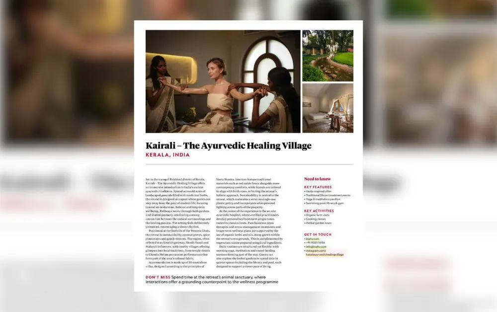 Kairali National Geographic Traveller 2026 magazine feature showcasing Ayurvedic therapies, green surroundings and accommodation at The Ayurvedic Healing Village in Kerala.