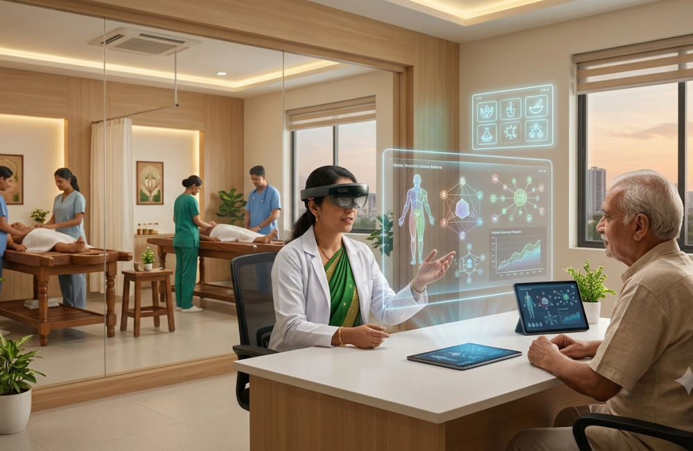 AI and Ayurveda in practice: a doctor wearing a mixed-reality headset explains a holographic patient recovery plan to an elderly patient while therapists give massage treatments in the background