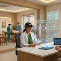 AI and Ayurveda in practice: a doctor wearing a mixed-reality headset explains a holographic patient recovery plan to an elderly patient while therapists give massage treatments in the background