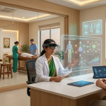 AI and Ayurveda in practice: a doctor wearing a mixed-reality headset explains a holographic patient recovery plan to an elderly patient while therapists give massage treatments in the background