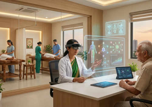 AI and Ayurveda in practice: a doctor wearing a mixed-reality headset explains a holographic patient recovery plan to an elderly patient while therapists give massage treatments in the background
