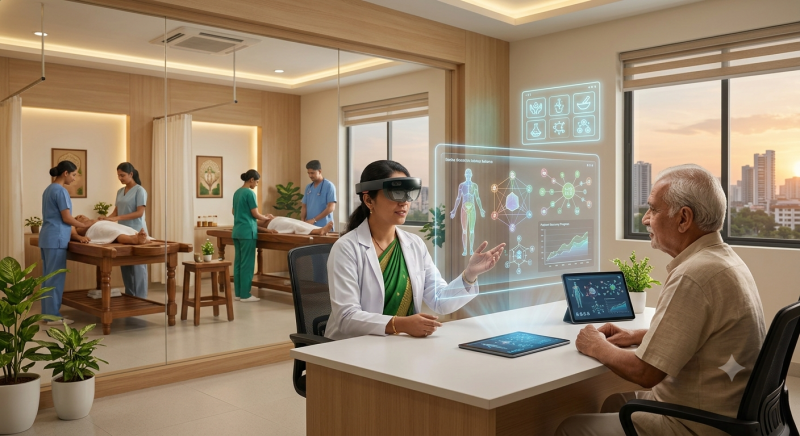 AI and Ayurveda in practice: a doctor wearing a mixed-reality headset explains a holographic patient recovery plan to an elderly patient while therapists give massage treatments in the background