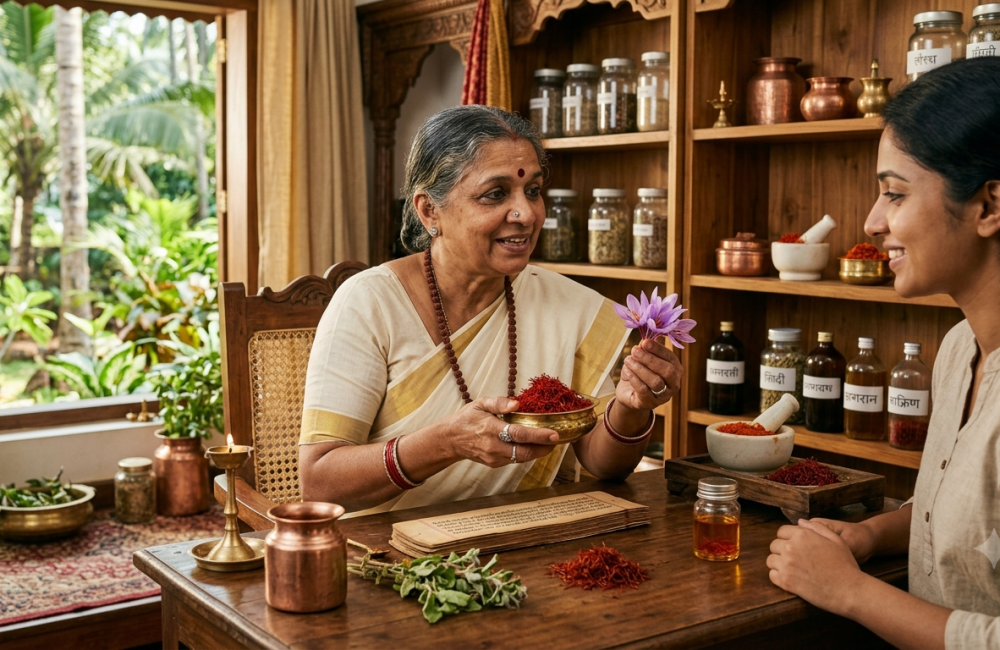 Ayurvedic practitioner discussing saffron in Ayurvedic skincare with a woman in a traditional herbal consultation setting.