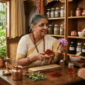 Ayurvedic practitioner discussing saffron in Ayurvedic skincare with a woman in a traditional herbal consultation setting.
