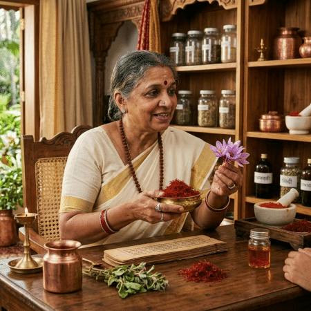 Ayurvedic practitioner discussing saffron in Ayurvedic skincare with a woman in a traditional herbal consultation setting.