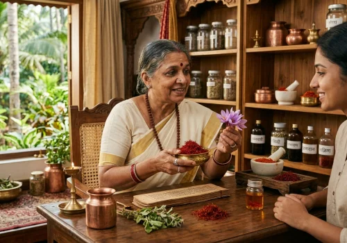 Ayurvedic practitioner discussing saffron in Ayurvedic skincare with a woman in a traditional herbal consultation setting.