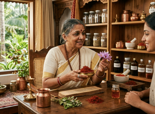 Ayurvedic practitioner discussing saffron in Ayurvedic skincare with a woman in a traditional herbal consultation setting.