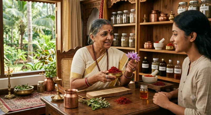 Ayurvedic practitioner discussing saffron in Ayurvedic skincare with a woman in a traditional herbal consultation setting.
