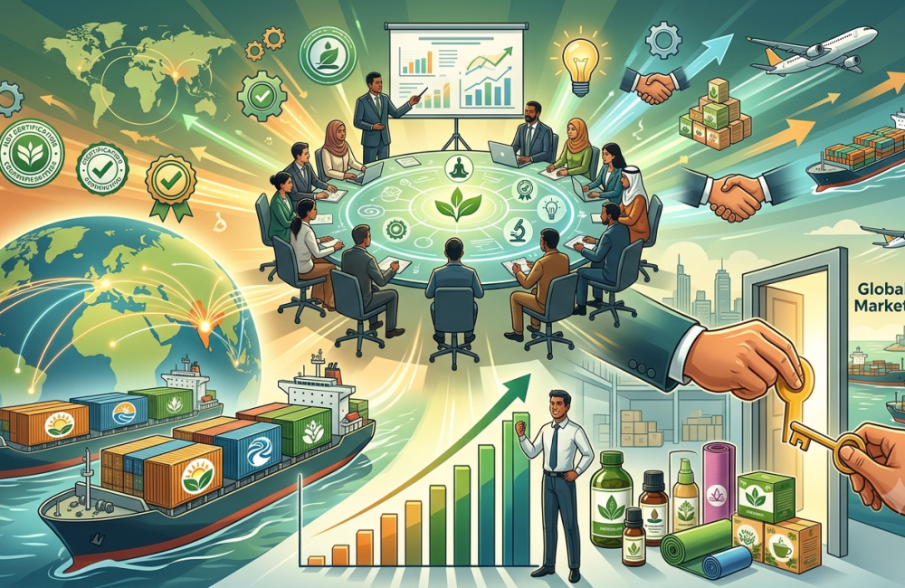 AYUSH exports illustration showing herbal products, global shipping, trade partnerships and international market growth.