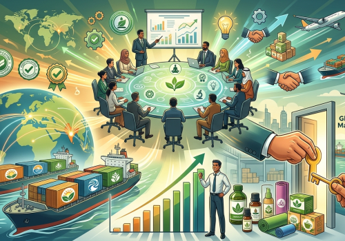 AYUSH exports illustration showing herbal products, global shipping, trade partnerships and international market growth.