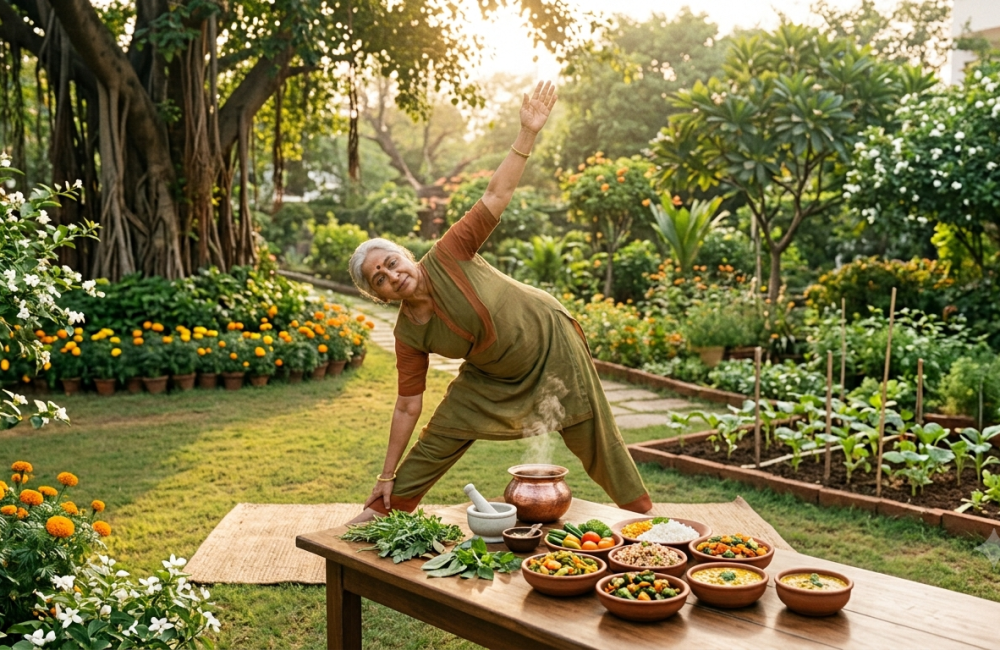 Healthy ageing with Ayurveda shown through an older woman practising gentle yoga in a garden with fresh Ayurvedic food and herbs nearby.