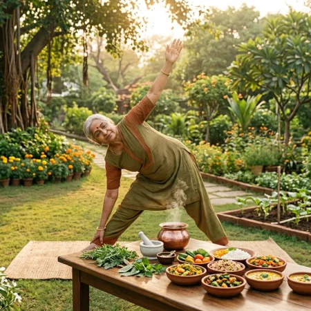 Healthy ageing with Ayurveda shown through an older woman practising gentle yoga in a garden with fresh Ayurvedic food and herbs nearby.