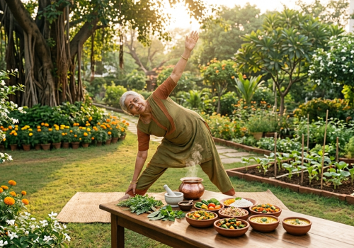 Healthy ageing with Ayurveda shown through an older woman practising gentle yoga in a garden with fresh Ayurvedic food and herbs nearby.