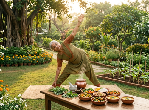 Healthy ageing with Ayurveda shown through an older woman practising gentle yoga in a garden with fresh Ayurvedic food and herbs nearby.