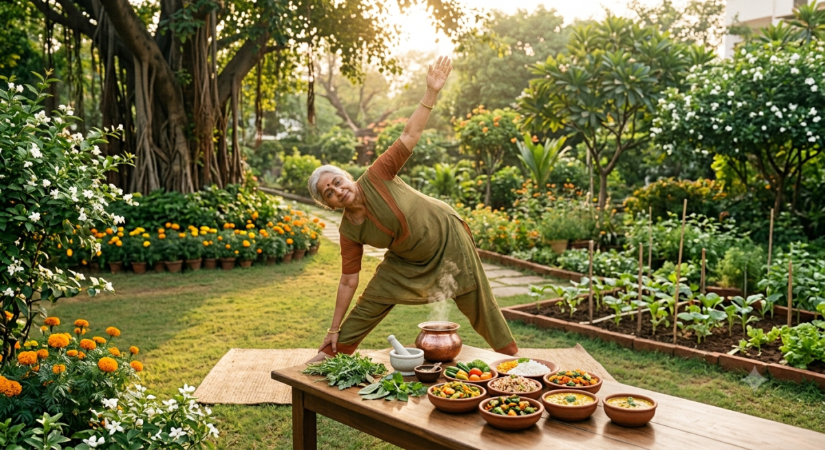 Healthy ageing with Ayurveda shown through an older woman practising gentle yoga in a garden with fresh Ayurvedic food and herbs nearby.