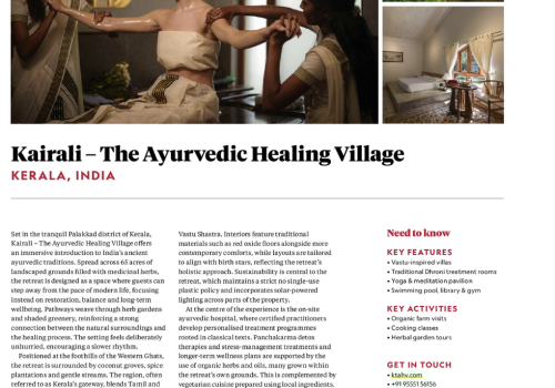 Kairali National Geographic Traveller 2026 feature showcasing The Ayurvedic Healing Village in Palakkad, Kerala, with Ayurvedic therapies, lush gardens and accommodation.